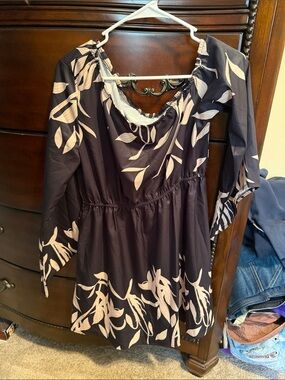 Navy Floral Off-Shoulder Dress with Cream Leaf Print